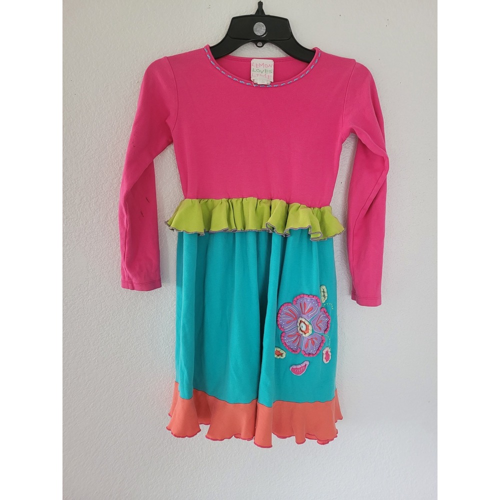 Lemon Loves Lime Girls 7 Pink Teal Colorblock Ruffle Flower Applique Dress #8